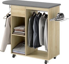 HOMCOM Dulap pentru călcat din lemn masă de călcat pe roți bară de suspendare raft 125 x 43,5 x 102,5 cm lemn natural | Aosom Romania