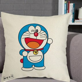 Perna Personalizata Doraemon Salutand, 40x40 cm, Ecru, Husa Detasabila, Perna Inclusa, BEKZ®