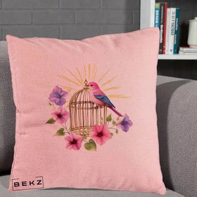 Perna Decorativa Pasare Roz pe Colivie Aurie cu Flori, 40x40 cm, Roz, Husa Detasabila, Perna Inclusa, BEKZ®