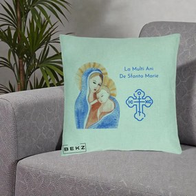 Cadou de Onomastica - Perna Personalizata Sfanta Marie Icoana Acuarela, 40x40 cm, Verde Menta, Husa Detasabila, Perna Inclusa, BEKZ®