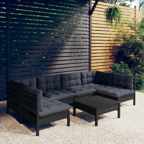 3097161 vidaXL Set mobilier grădină cu perne, 7 piese, negru, lemn masiv pin