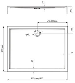 Cadita dus dreptunghiulara alba 120x90 cm Jasmin Plus, Deante 1200x900 mm