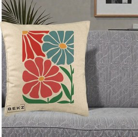 Perna Decorativa Flori Grafice Rosu-Albastru, 40x40 cm, Bej, Husa Detasabila, Perna Inclusa, BEKZ®