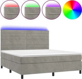 vidaXL Pat cu arcuri, saltea și LED, gri deschis, 180x200 cm, catifea
