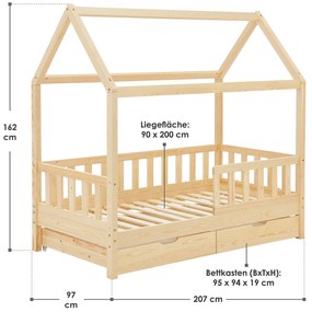 Patut Marli 90 x 200 cm cu 2 sertare si grilaj sipci - natural