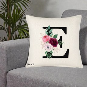 Cadou Personalizat - Perna Personalizata Monograma Florala Litera E, 40x40 cm, Crem Reliefat, Husa Detasabila, Perna Inclusa, BEKZ®