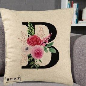 Cadou Personalizat - Perna Personalizata Monograma Florala Litera B, 40x40 cm, Bej, Husa Detasabila, Perna Inclusa, BEKZ®
