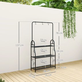 Outsunny Suport pentru Plante cu 3 Niveluri, cu Bară pentru Agățat și Cârlige, Raft Metalic pentru Ghivece și Flori, pentru Interior și Exterior, Balcon, Living, Dormitor, Negru | Aosom Romania
