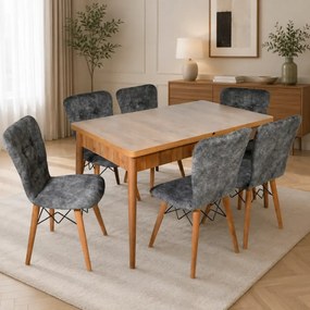 Set masa extensibila cu 6 scaune tapitate Homs nuc-gri 170 x 80 cm