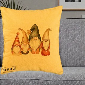 Perna Decorativa Gnomi de Craciun Patru, 40x40 cm, Galben, Husa Detasabila, Perna Inclusa, BEKZ®