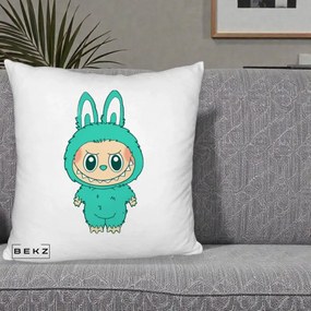 Perna Personalizata Labubu Turcoaz, 40x40 cm, Alb Pufos, Husa Detasabila, Perna Inclusa, BEKZ®