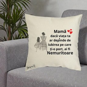 Cadou pentru Mama - Perna Personalizata Mama Nemuritoare Line Art, 40x40 cm, Ecru, Husa Detasabila, Perna Inclusa, BEKZ®