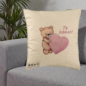 Cadou Romantic - Perna Personalizata Te Iubesc Ursulet cu Inima Roz Acuarela, 40x40 cm, Bej, Husa Detasabila, Perna Inclusa, BEKZ®