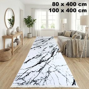 Traversă hol antiderapantă, 400 cm, model marmură, alb cu negru