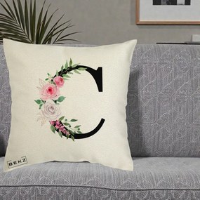 Cadou Personalizat - Perna Personalizata Monograma Florala Litera C, 40x40 cm, Ecru, Husa Detasabila, Perna Inclusa, BEKZ®