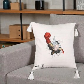 Perna Personalizata One Punch Man Saitama Pumn, 40x40 cm, Bej cu Franjuri, Husa Detasabila, Perna Inclusa, BEKZ®