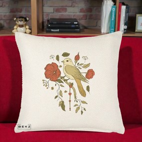 Perna Decorativa Pasare pe Ramura cu Maci, 40x40 cm, Crem Reliefat, Husa Detasabila, Perna Inclusa, BEKZ®