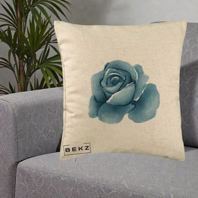 Perna Decorativa Trandafir Albastru Acuarela, 40x40 cm, Bej, Husa Detasabila, Perna Inclusa, BEKZ®