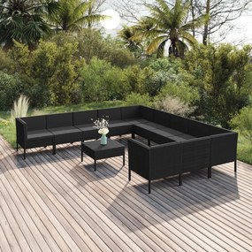 Set mobilier de gradina cu perne, 12 piese, negru, poliratan 4x colt + 7x mijloc + masa, 1