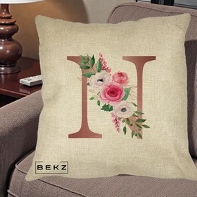 Cadou Personalizat - Perna Personalizata Monograma Rose Gold Litera N, 40x40 cm, Crem, Husa Detasabila, Perna Inclusa, BEKZ®