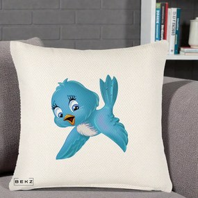 Perna Decorativa Pui de Pasare Albastru, 40x40 cm, Crem Reliefat, Husa Detasabila, Perna Inclusa, BEKZ®