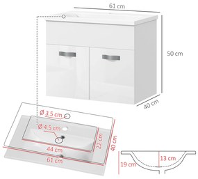 Kleankin Dulap de Baie Suspendat cu Chiuvetă, Dulap cu 2 Uși cu Chiuvetă și Balamale Amortizate, 61x40x50 cm, Alb Lucios | Aosom Romania