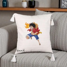 Perna Personalizata One Piece Luffy Gear Second Foc, 40x40 cm, Bej cu Franjuri, Husa Detasabila, Perna Inclusa, BEKZ®