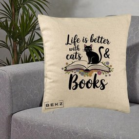 Perna Personalizata Life is Better Cats and Books, 40x40 cm, Bej, Husa Detasabila, Perna Inclusa, BEKZ®