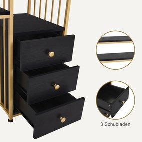 BIAU201 - Birou 109 cm, Masa Manichiura, masa de calculator cu 3 sertare, office, Imitatie de Marmura - Alb / Negru - Auriu