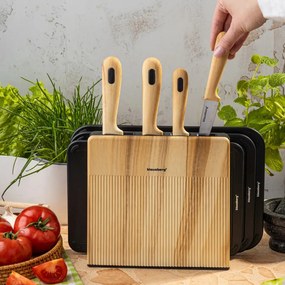 Set de cuțite și tăvi de tăiat Klausberg KB 9037, 8 piese, oțel inoxidabil, suport, maro/negru