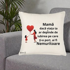 Cadou pentru Mama - Perna Personalizata Mama Nemuritoare cu Bebelus Kawaii, 40x40 cm, Crem Reliefat, Husa Detasabila, Perna Inclusa, BEKZ®