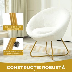 HOMCOM Fotoliu din Material cu Imitație Blană, Picioare Metalice Aurii și Tălpițe Antiderapante, 75x66x79 cm, Alb | Aosom Romania