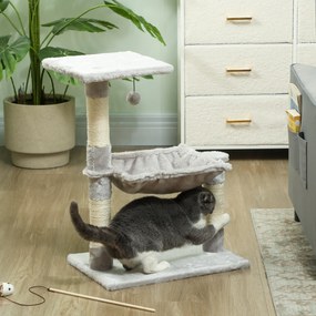 PawHut Arbore de pisici 3 dălți zgărie sisal natural platformă hamac și minge suspendată 50 x 26 x 70 cm pluș scurt gri | Aosom Romania