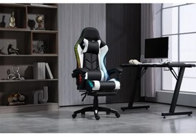 RESIGILAT- ALFORD Scaun gaming cu Masaj in 5 puncte, Perna lombara cu Masaj, Sistem iluminare banda LED RGB, Boxe Bluetooth, suport picioare, PU, Negru/Alb