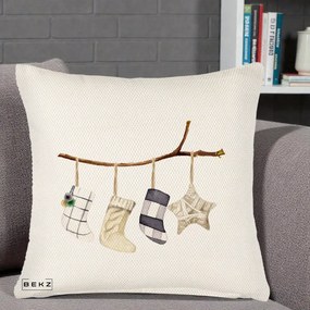 Perna Decorativa Ciorapi de Craciun pe Ramura, 40x40 cm, Crem Reliefat, Husa Detasabila, Perna Inclusa, BEKZ®