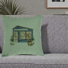 Perna Decorativa Casa de Iarna Watercolor, 40x40 cm, Verde, Husa Detasabila, Perna Inclusa, BEKZ®