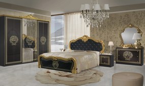 Dormitor Vilma, culoare negru / auriu, cu pat tapitat 160 x 200 cm, dulap cu 6 usi si oglinda, comoda, 2 noptiere (saltea si somiera incluse)