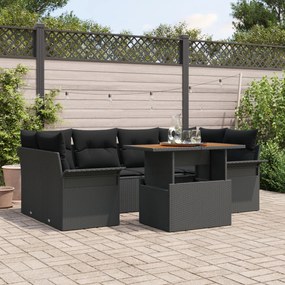 vidaXL Set de Canapea de Grădină cu Perne, 7 Piese, Negru, din Rattan Poli și Acacia