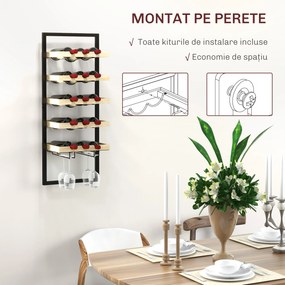 HOMCOM Raft de Perete pentru Sticle din Lemn și Oțel, Suport pentru 15 Sticle de Vin și 4 pahare, 35x25x86 cm, Natural | Aosom Romania