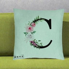 Cadou Personalizat - Perna Personalizata Monograma Florala Litera C, 40x40 cm, Verde Menta, Husa Detasabila, Perna Inclusa, BEKZ®