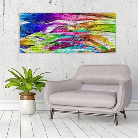 Tablou - Zid de cărămidă cu flăcări colorate (120x50 cm)