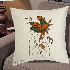 Perna Decorativa Portret Feminin Crin Auriu, 40x40 cm, Ecru, Husa Detasabila, Perna Inclusa, BEKZ®