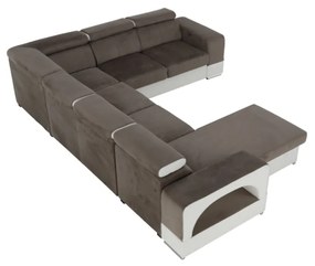 colţar în formă de U, piele ecologică albă/material textil maro, model stânga, KAMELIA