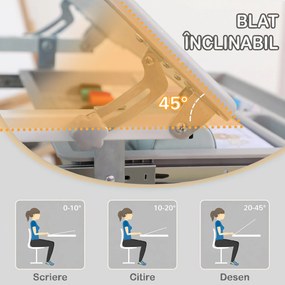 HOMCOM Set Masă și Scaun pentru Copii 6-12 ani, Reglabil pe Înălțime, cu Blat Înclinabil la 45°, 66x47x52-77 cm, Gri | Aosom Romania