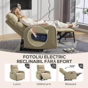HOMCOM Fotoliu Relax Electric Reclinabil 135° cu Suport pentru Picioare, Tetieră Reglabilă, Șezut Spațios, Fotoliu Tapițat, Motoare Duble, Porturi USB și USB-C, Catifea Bej, Living | Aosom Romania