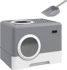 PawHut Litieră pentru Pisici cu Capac, Lopețică și Tăviță Detașabilă Gri | Aosom Romania