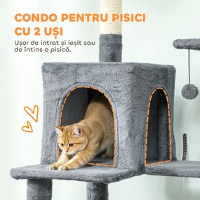 PawHut Arborele pentru Pisici mare, 202 cm, cu 6 Stâlpi de Zgâriat, 2 Hamace, 2 Stinghii, 2 Pompoane, Gri inchis | Aosom Romania