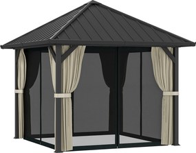 Outsunny Pavilion cu acoperiș solid 3 x 3 m, pavilion de grădină cu acoperiș metalic, cort de grădină impermeabil cu plasă și pereți laterali, Gri închis | Aosom Romania
