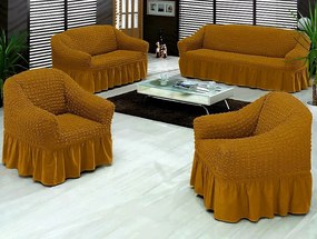 Set huse elastice si creponate pentru canapea 3 locuri, canapea 2 locuri si 1 fotoliu, cu volanas, Maro Deschis