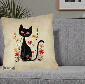 Perna Decorativa Pisica Neagra Ochi Galbeni Flori, 40x40 cm, Crem, Husa Detasabila, Perna Inclusa, BEKZ®